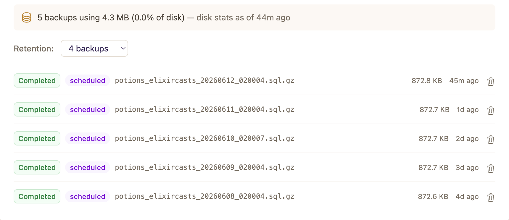 The Backups section of an app's Database tab showing the stats card, retention dropdown, and recent backups
