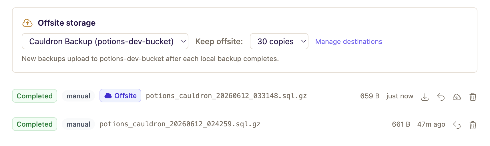 The Offsite storage selector on the Database tab, with backup rows showing offsite status chips