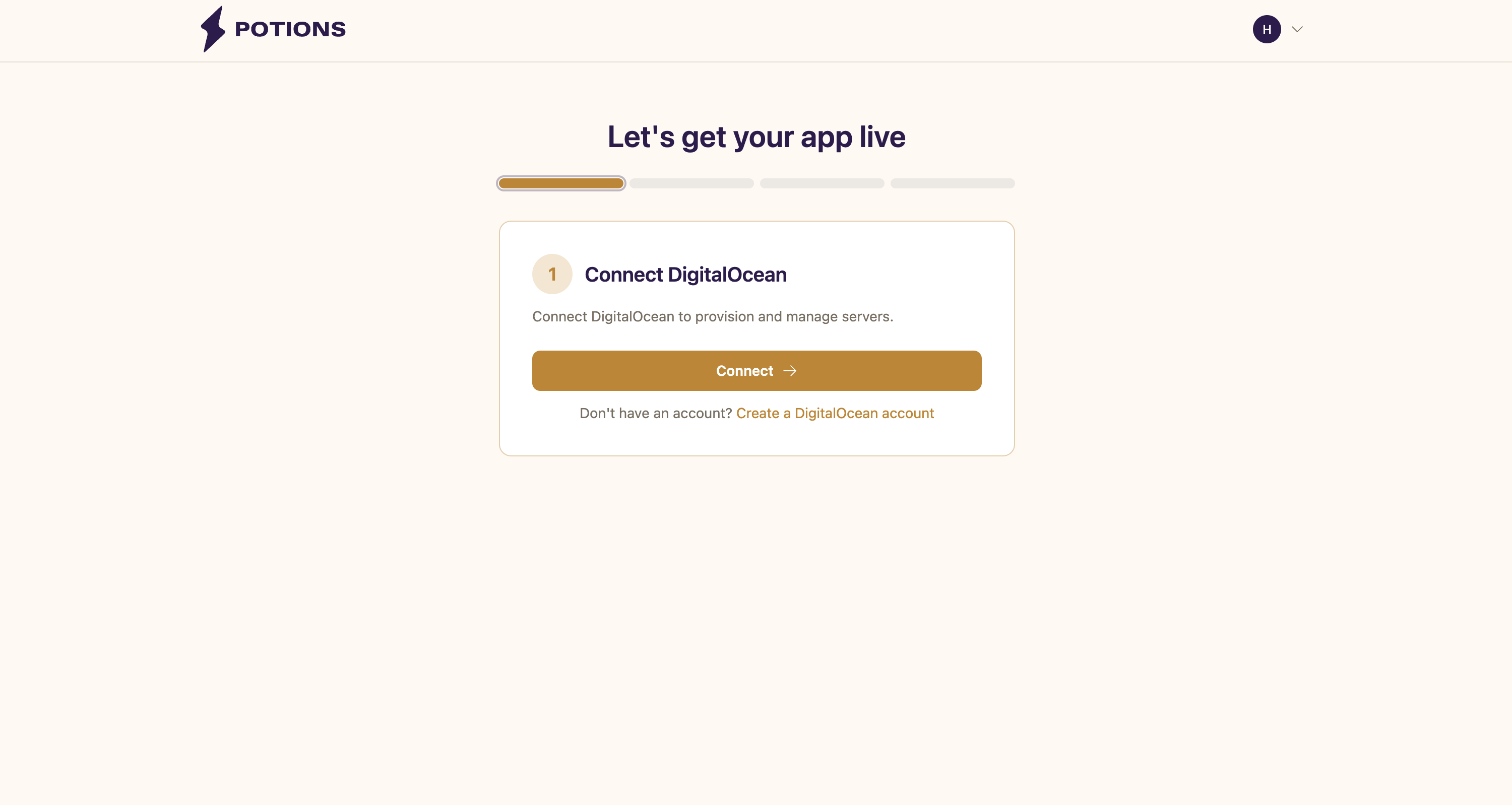 The setup wizard showing the Connect DigitalOcean step